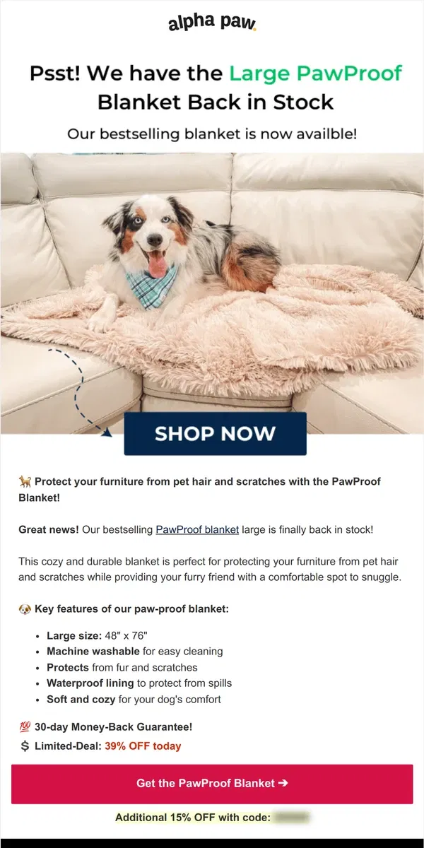 Email from Alpha Paw. 🐕 Back in Stock: Large PawProof Blanket!