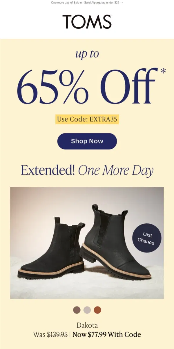 Email from TOMS. EXTENDED 🙌 Up to 65% OFF