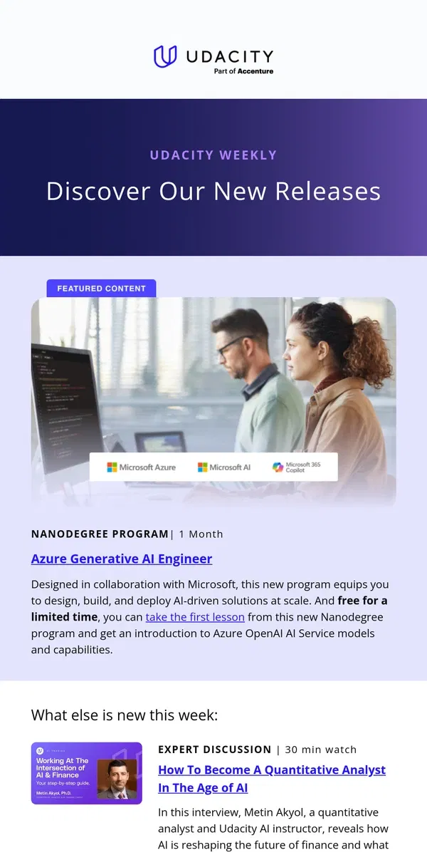 Email from Udacity. Udacity Weekly: New Courses in Azure GenAI