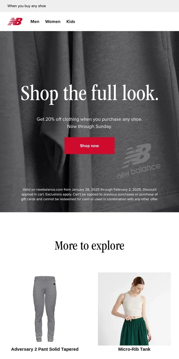 Email from New Balance. 20% off clothing