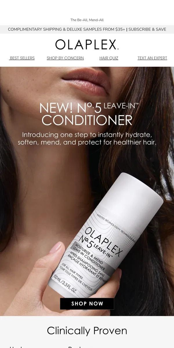 Email from OLAPLEX. NEW: Nº.5 LEAVE-IN™ Moisturize & Mend Leave-In Conditioner