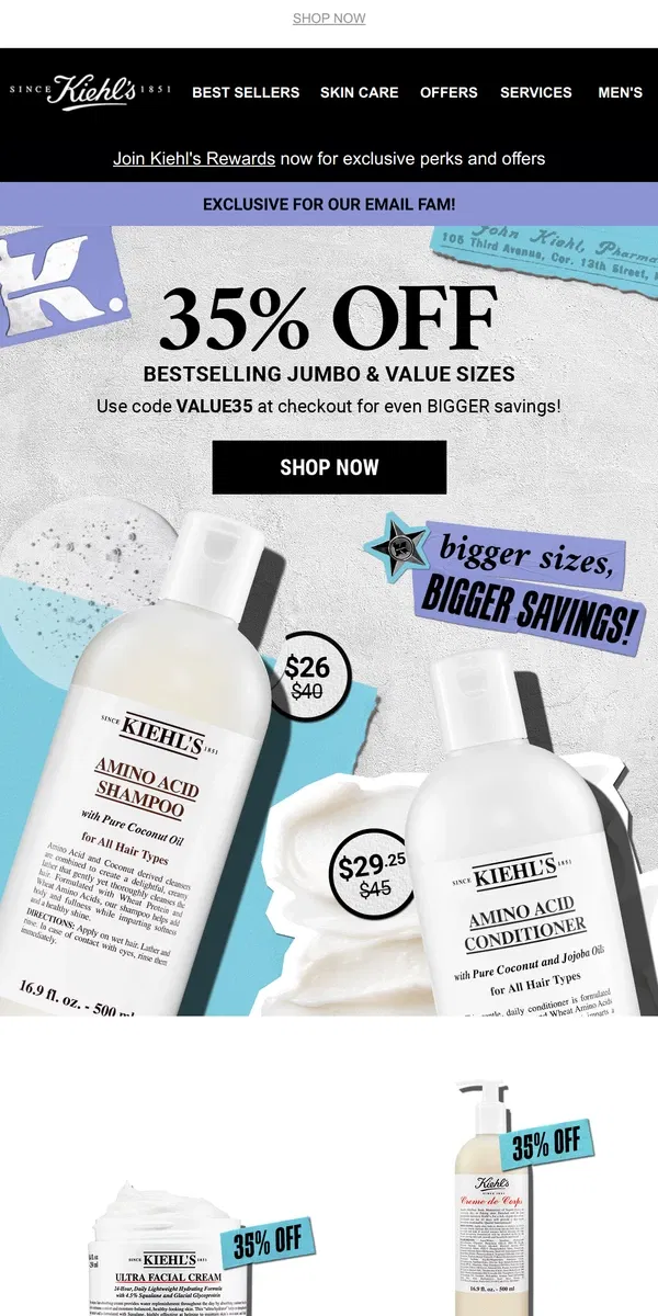 Email from Kiehl's. 🤑 35% Off JUMBO Sizes and Refills Starts Now 🤑