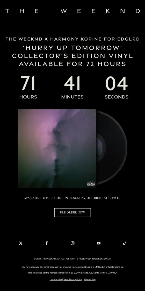 Email from The Weeknd. THE WEEKND X HARMONY KORINE FOR EDGLRD COLLECTOR'S EDITION VINYL