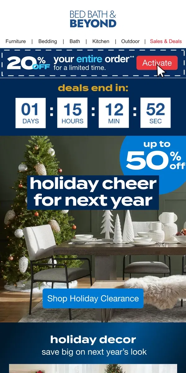 Email from Bed Bath & Beyond. Save on Cheer for Next Year 🎄💫✨