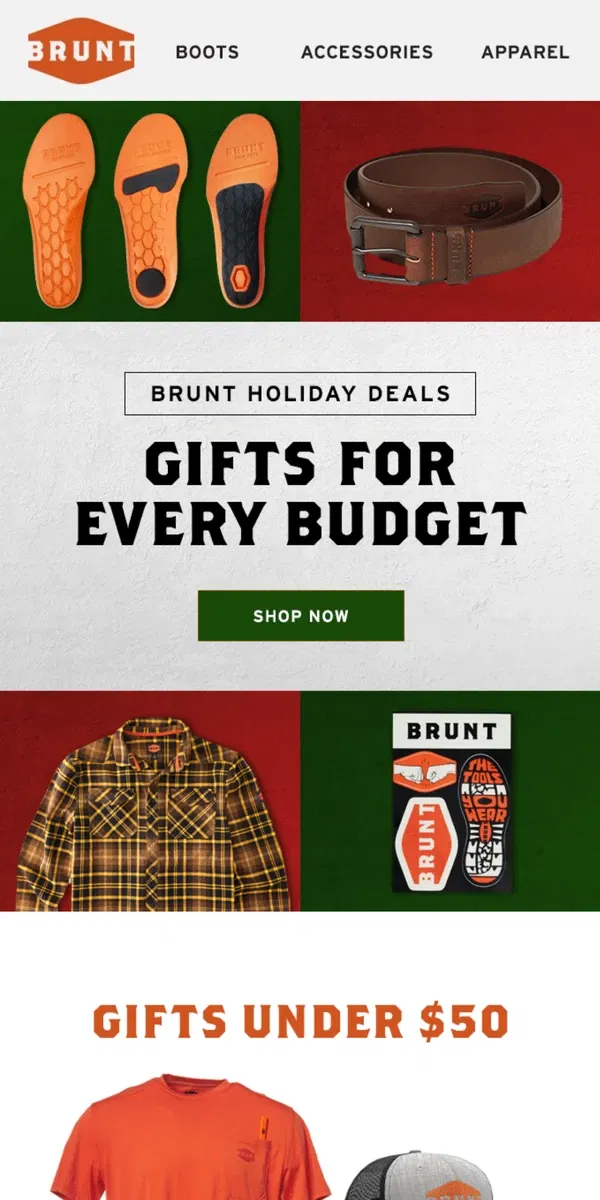 Email from BRUNT Workwear. Gifts for every budget