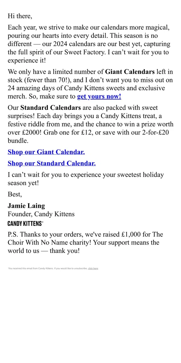 Email from Candy Kittens. Re: Seriously limited stock...