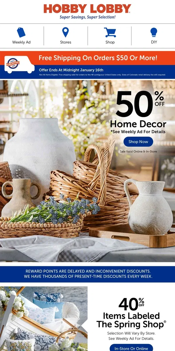 Email from Hobby Lobby. Refresh Your Space With 50% Off Baskets, Trays & More!