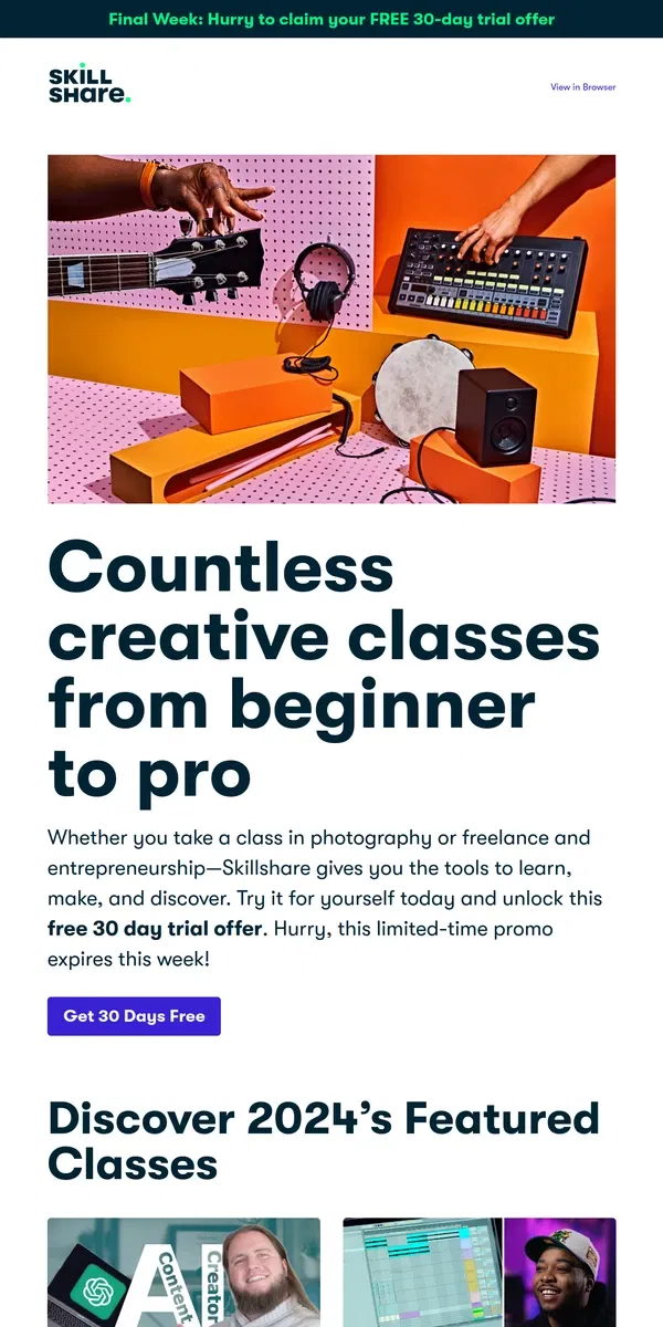 Email from Skillshare. Final week: Redeem your free 30-day trial offer