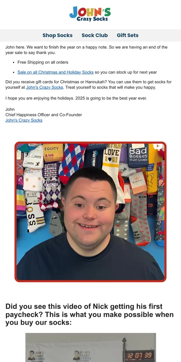 Email from John's Crazy Socks. Let's Finish the Year on a Happy Note ❤️👍😀