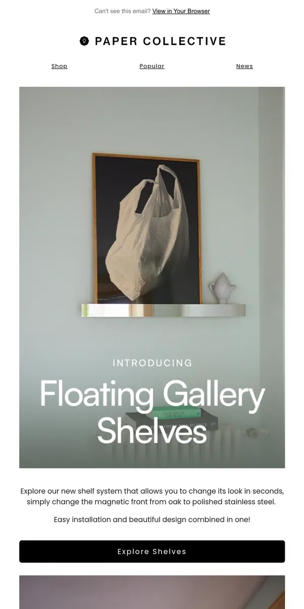 Email from Paper Collective. Introducing the Floating Gallery Shelf