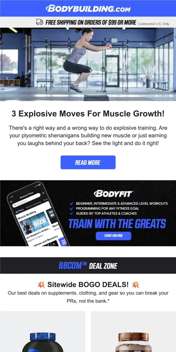 Email from Bodybuilding.com. 3 Explosive Moves For Muscle Growth! 💪