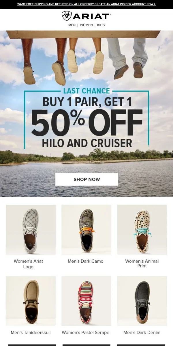 Email from Ariat. Last Chance: BOGO 50% Off Hilo Shoes & Cruisers