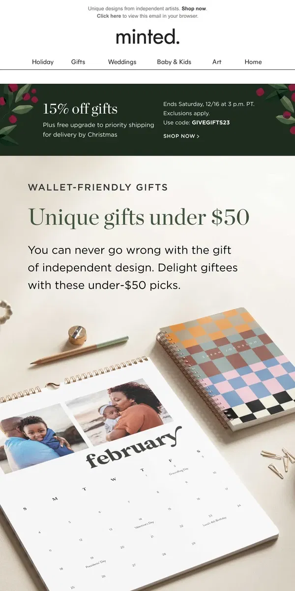 Email from Minted. Still gift shopping? Here’s 15% off.