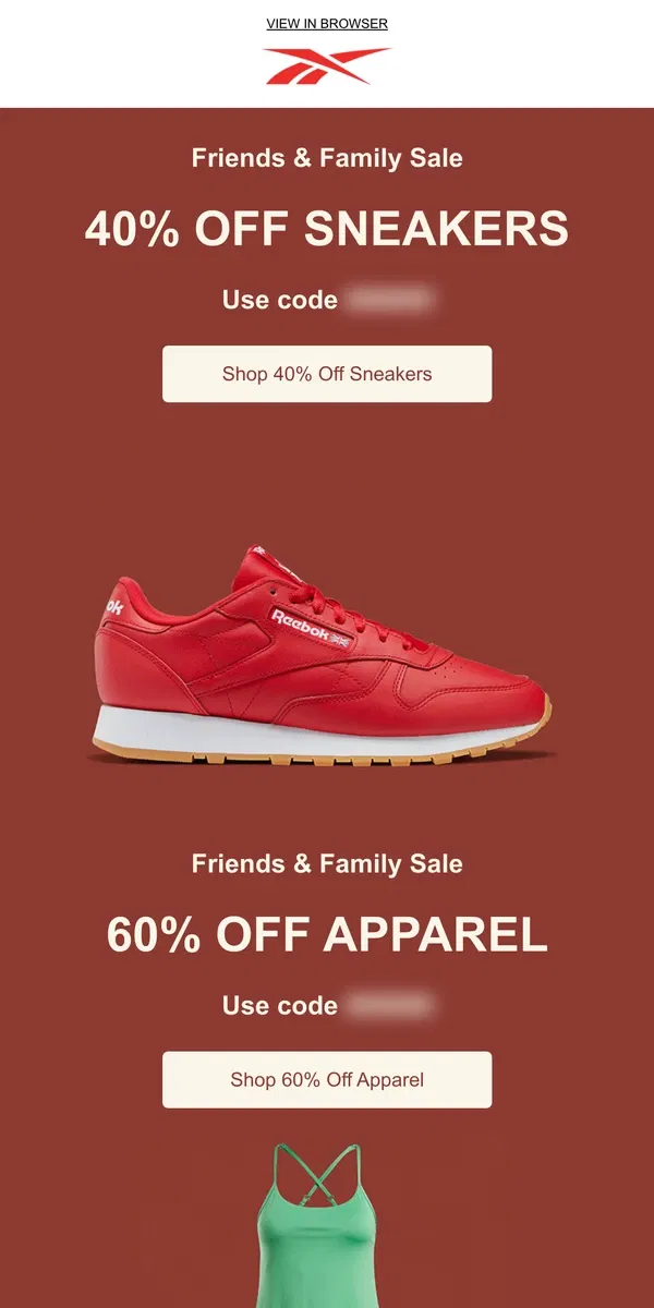 Email from Reebok. Friends & Family sale starts now