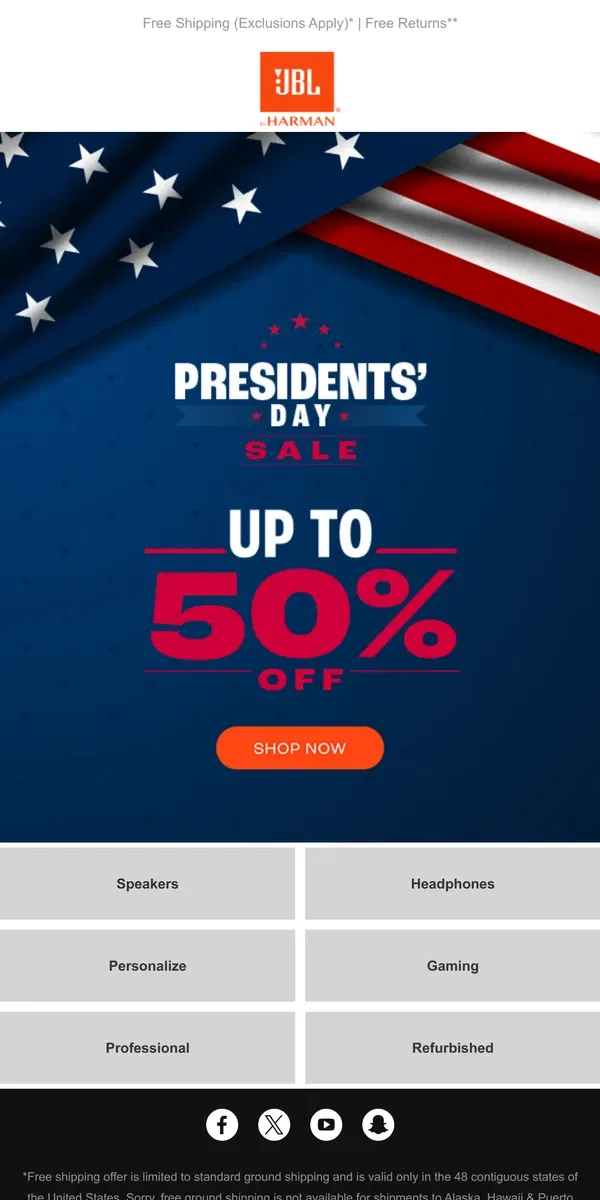 Email from JBL. 🗽 Happy President's Day! Discount Up to 50% off!