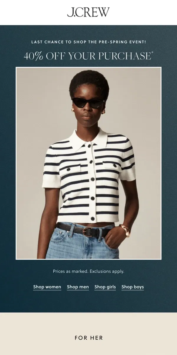 Email from J.Crew. Last chance: 40% off ends at midnight