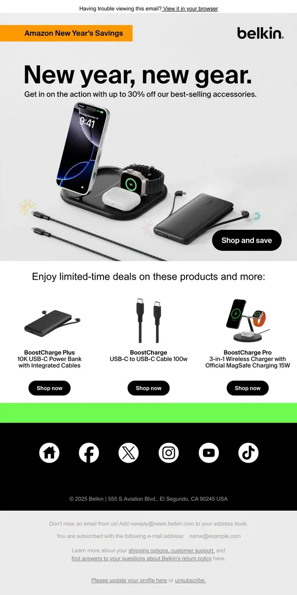 Email from Belkin. 2025 is here | Amazon savings to start the New Year right