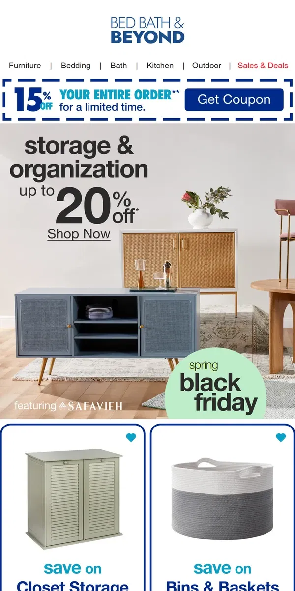 Email from Bed Bath & Beyond. Up to 20% off Spring Cleaning Essentials 🧹🧺