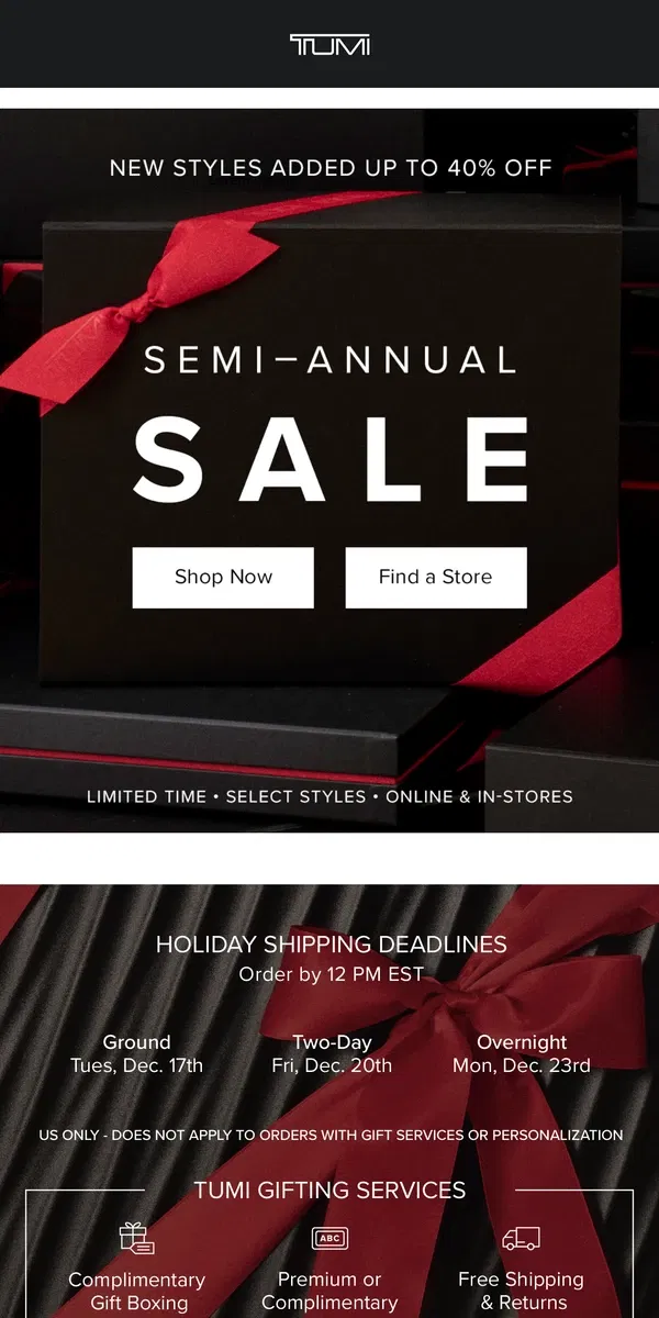 Email from Tumi. Unwrap Savings: Up to 40% Off