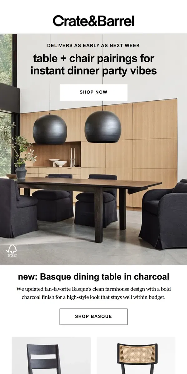 Email from Crate & Barrel. This table + those chairs = instant dinner party vibes