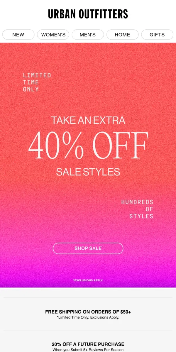 Email from Urban Outfitters. Extra 40% Off Sale Online 📣