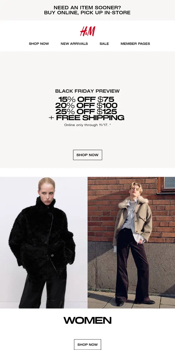 Email from H&M. 15%, 20% or 25% off