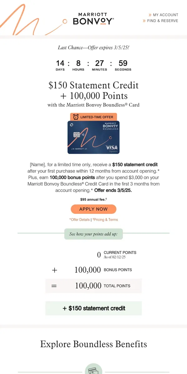 Email from Marriott Bonvoy. Last Chance, [Name]! ⏳ Earn $150 Statement Credit + 100,000 Points