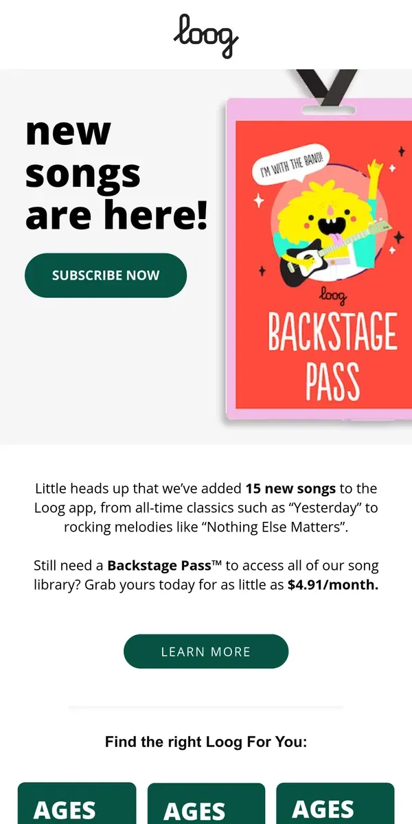 Email from Loog Guitars. 15 new songs added to the Loog app!