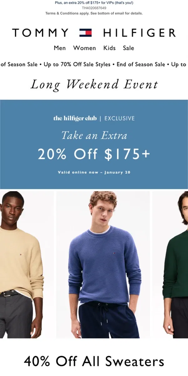 Email from Tommy Hilfiger. The Long Weekend Event | 40% off all sweaters + up to 70% off SALE