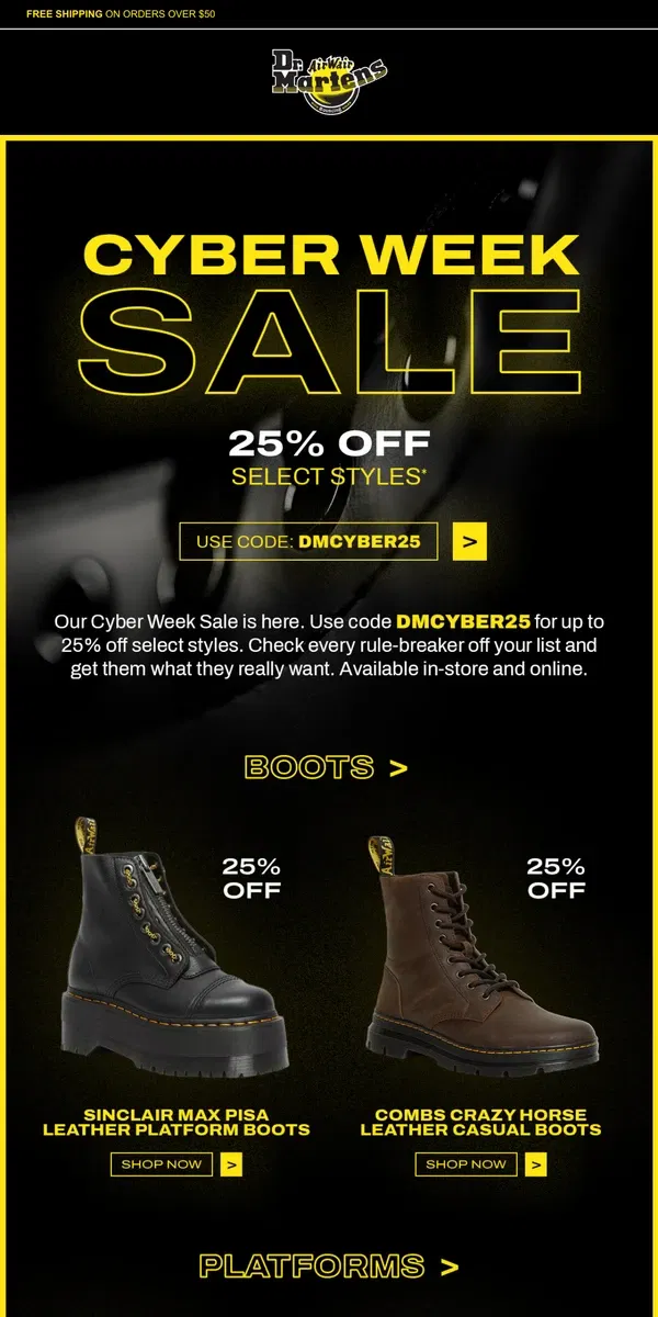 Email from Dr. Martens. 25% off select styles starts today