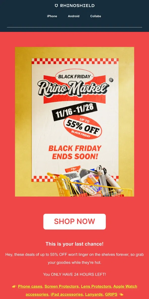 Email from RHINOSHIELD. Only 24 hours left of WHOPPING SALES⏰🫵