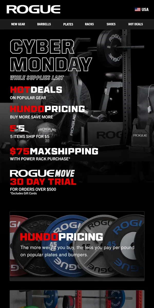 Email from Rogue Fitness. Cyber Monday Starts Now!