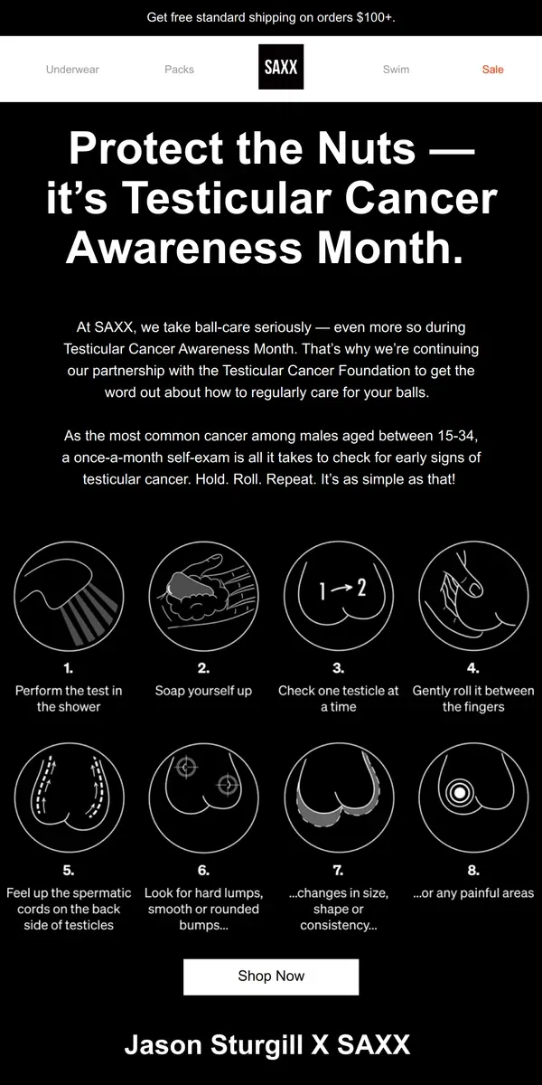 Email from SAXX Underwear. Protect the Nuts for Testicular Cancer Awareness