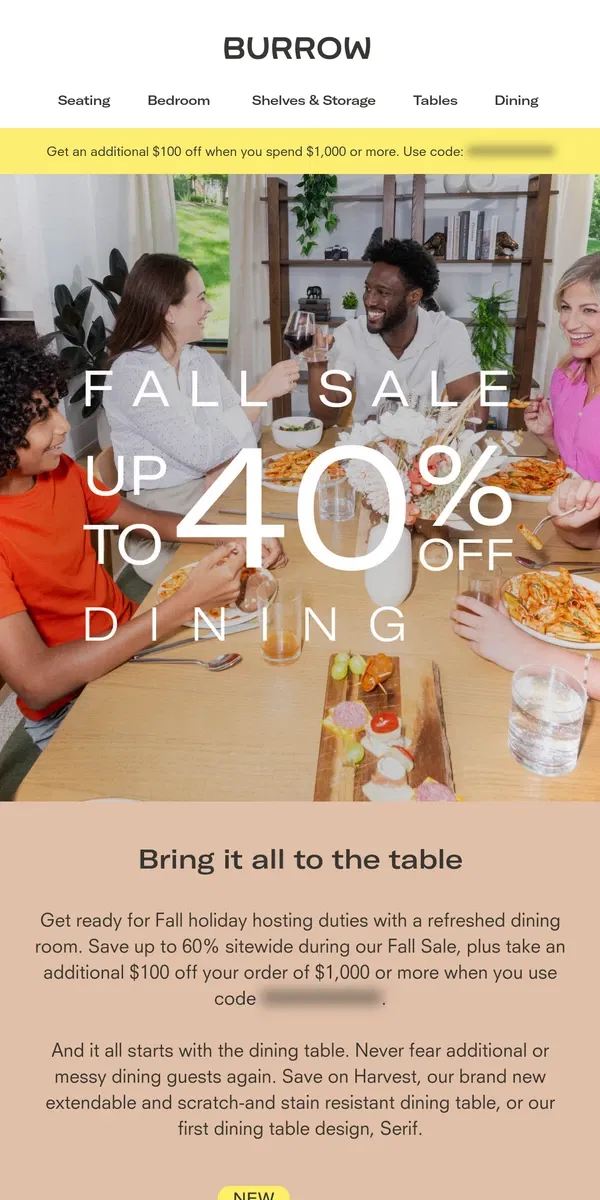 Email from Burrow. Save on Fall Dining options