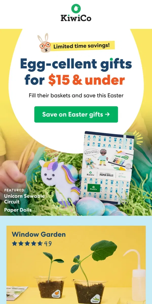 Email from KiwiCo. Easter gifts for $15 or less