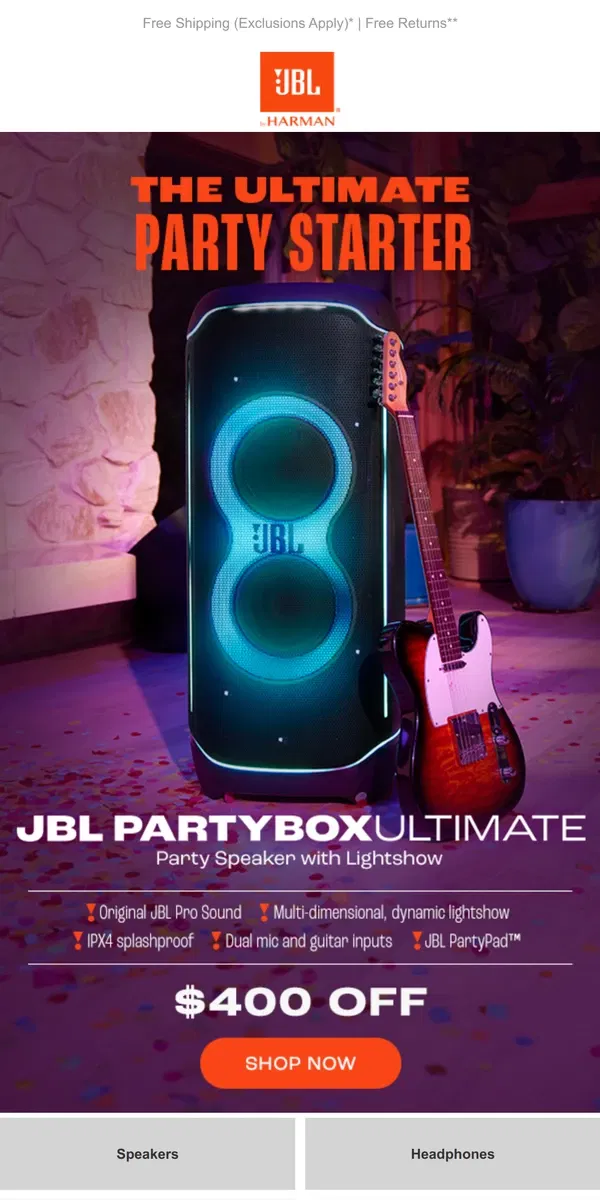 Email from JBL. Be your own DJ! Save $400 on JBL Partybox Ultimate