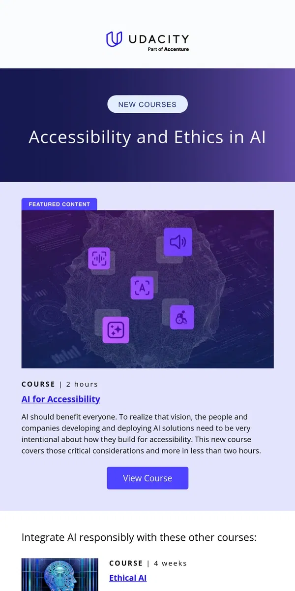 Email from Udacity. New Course: AI for Accessibility
