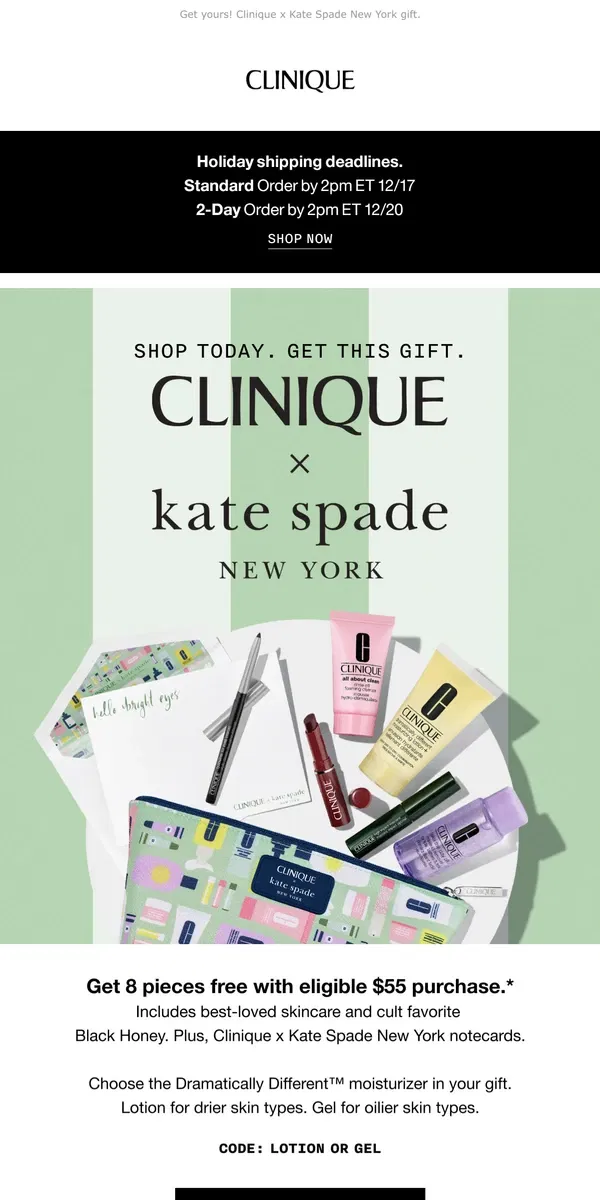 Email from Clinique. Merry vibes all around! Free 8-piece gift with $55 order.