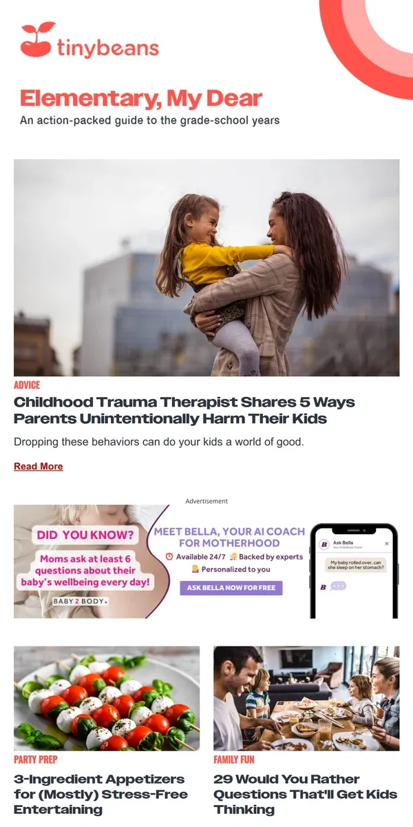 Email from Tinybeans. Child Trauma Therapist Shares 5 Ways Parents Unintentionally Harm Their Kids