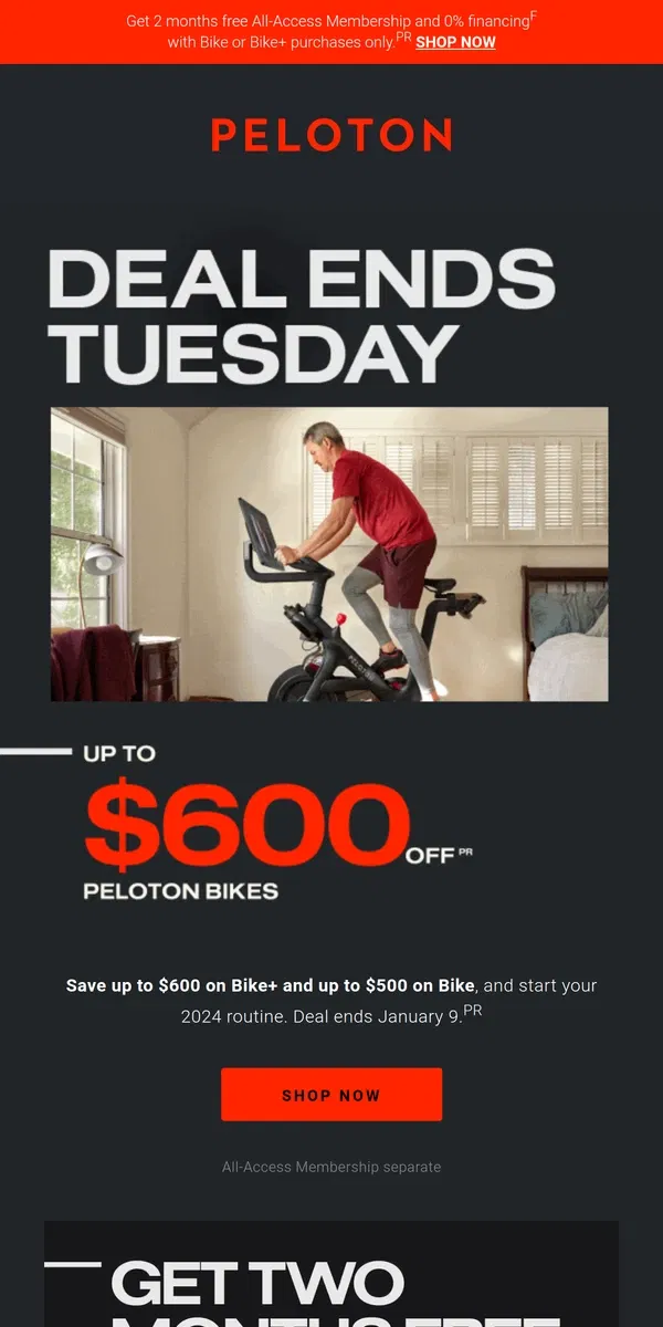 Email from Peloton. Ends soon: up to $600 off Peloton Bikes.