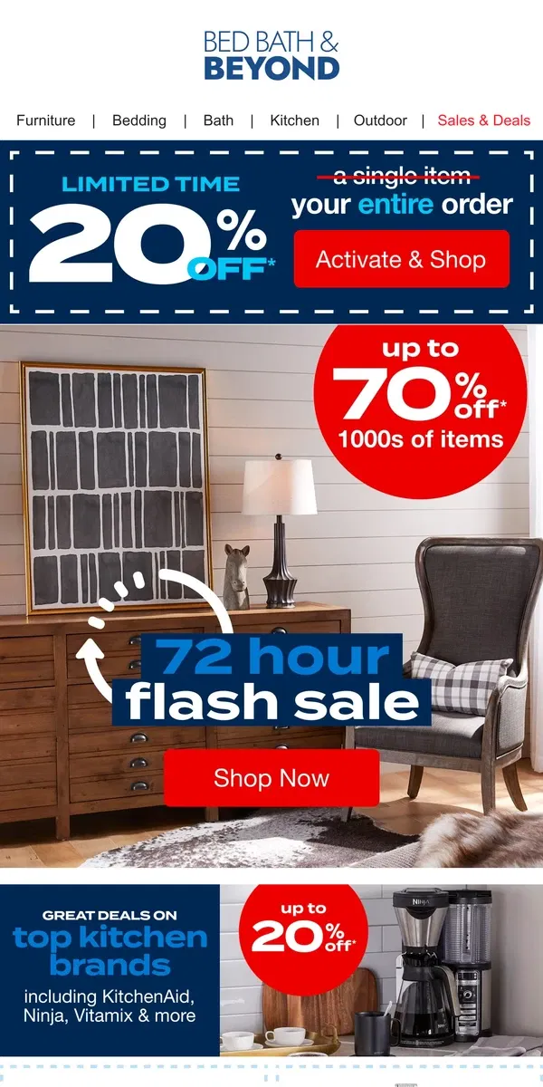 Email from Bed Bath & Beyond. 72-hour Flash Deals Start NOW! ⚡