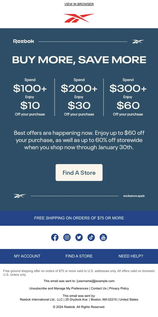 Email from Reebok. Up to $60 off happening now