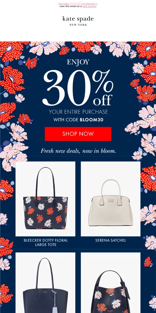 Email from Kate Spade. 30% off bags and more you'll love