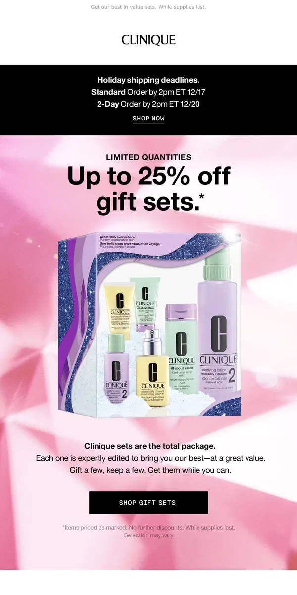 Email from Clinique. 🎉 Gift sets up to 25% off! Limited quantities.