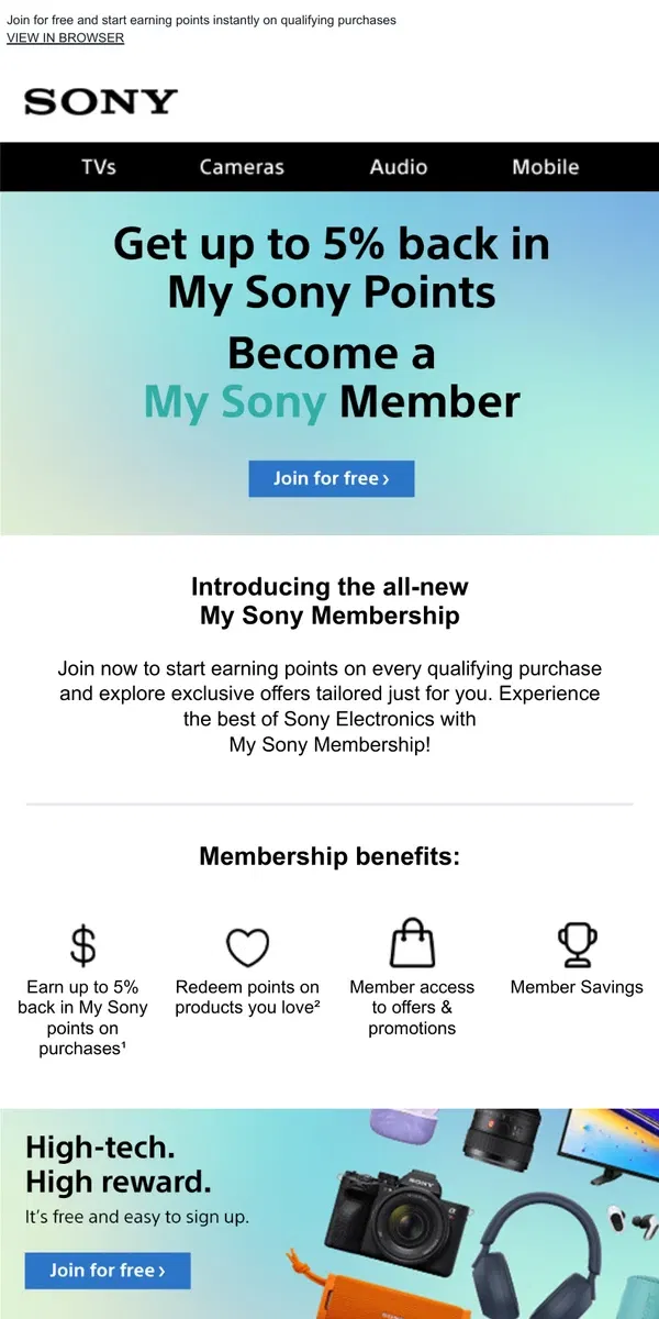 Email from Sony. Become A My Sony Member & Start Earning Points