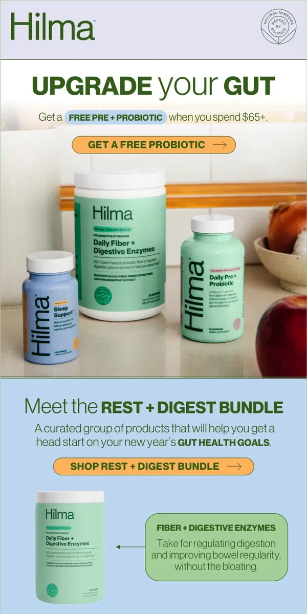 Email from Hilma. FREE PRE + PROBIOTIC