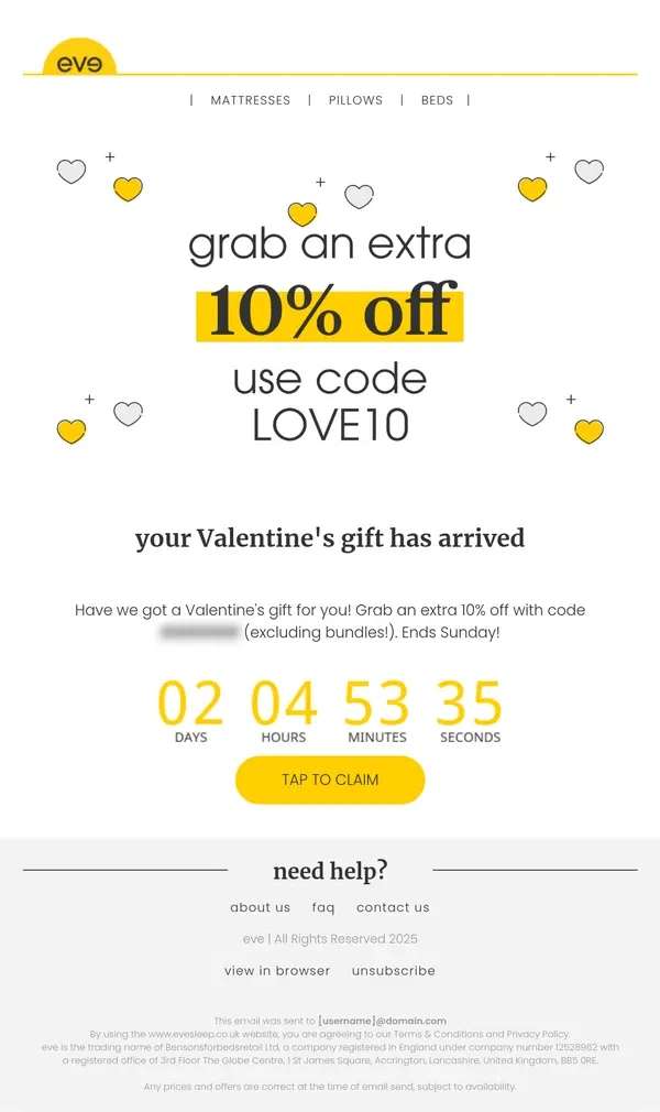 Email from Eve Sleep. ❤️ psst, will you be our Valentine? ❤️