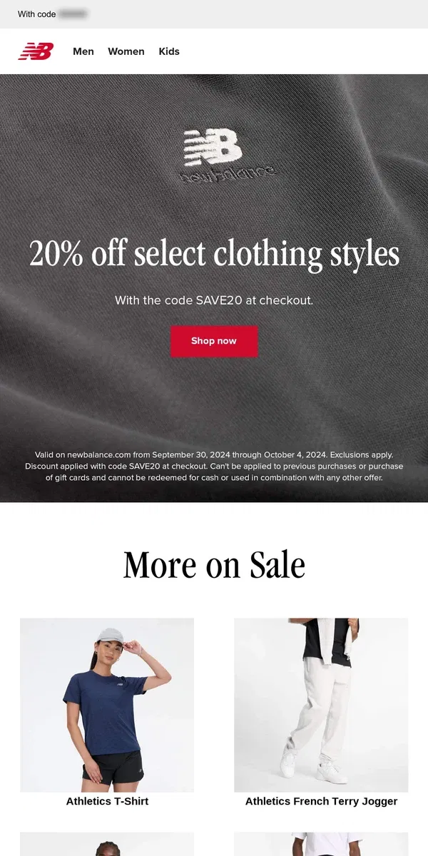 Email from New Balance. 20% off select clothing styles