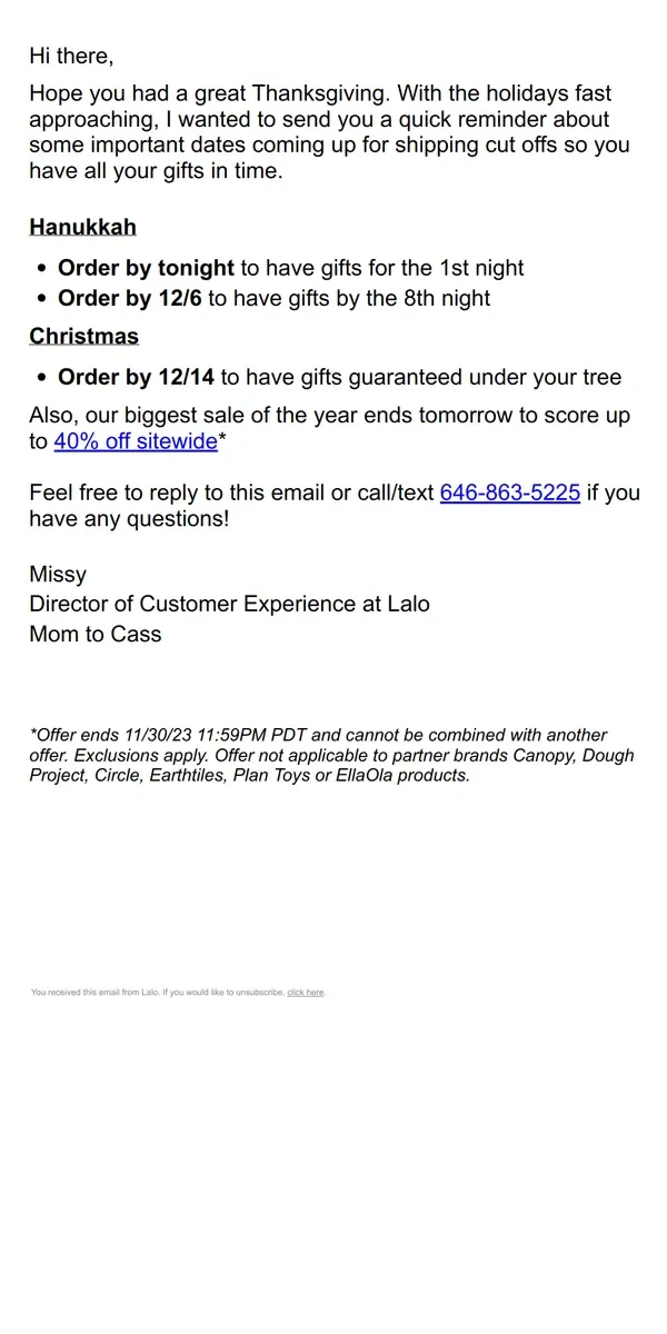 Email from Lalo. Upcoming holiday shipping deadlines