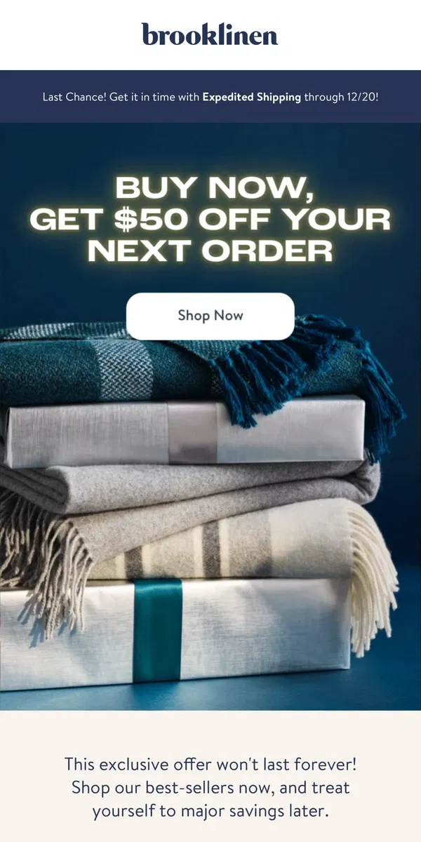 Email from Brooklinen. $50 could be yours!